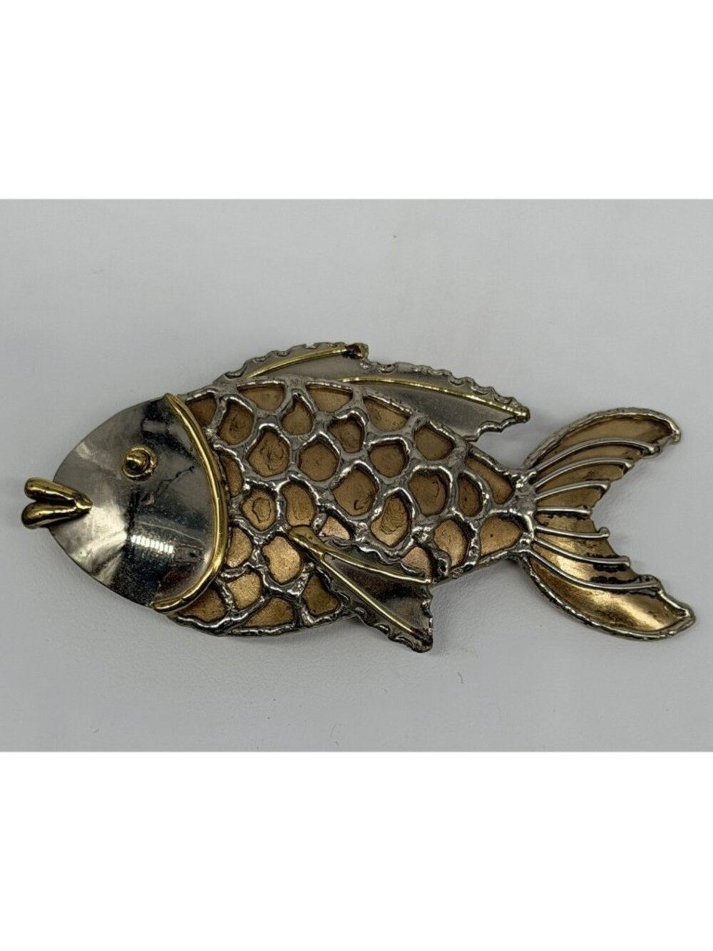 Vtg Brutalist Fish Gold Tone Silver Textured Brooch Pendant Unusual Brass Copper